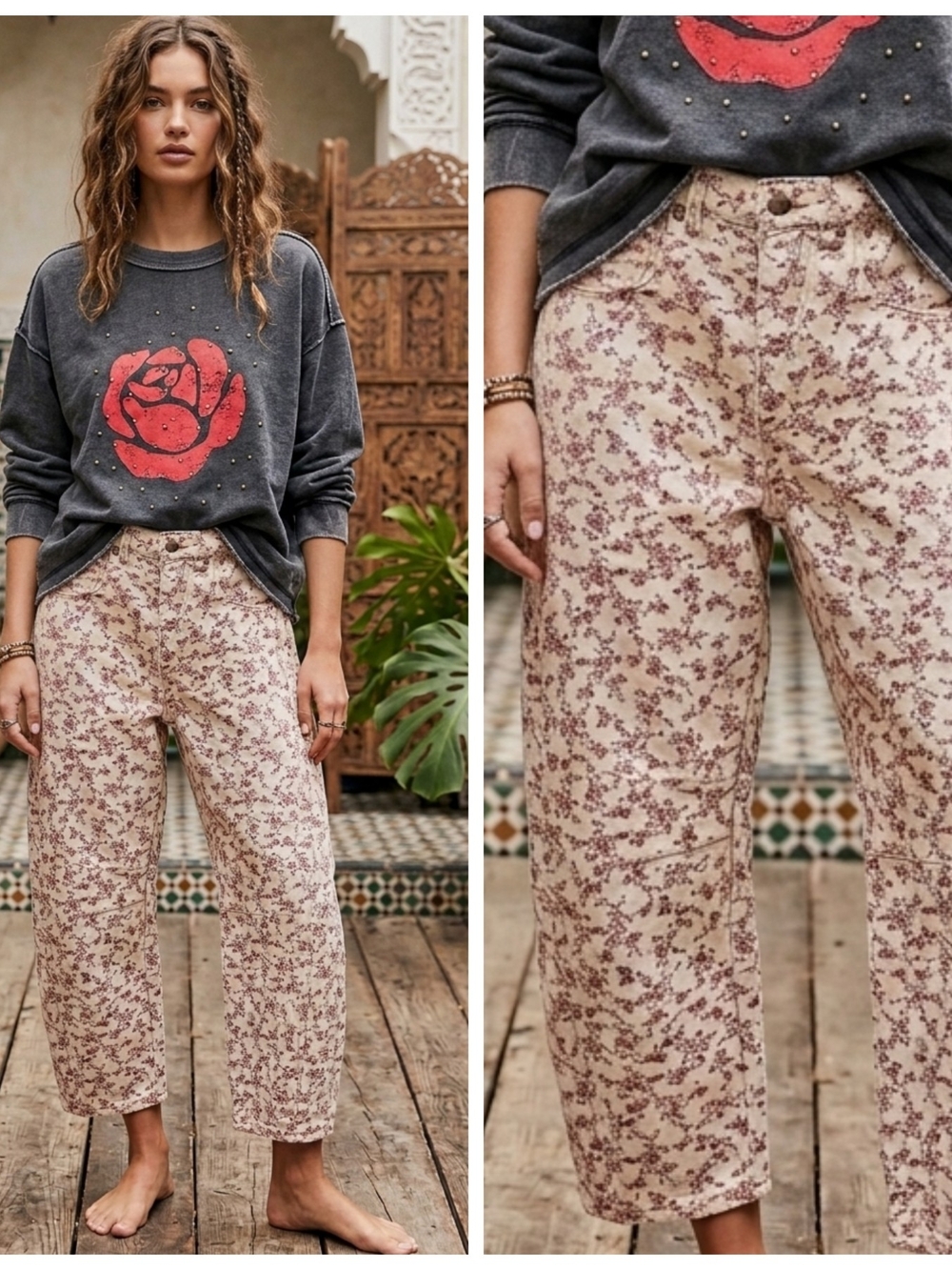 Floral Print Cotton Barrel Pants - Cream & Red